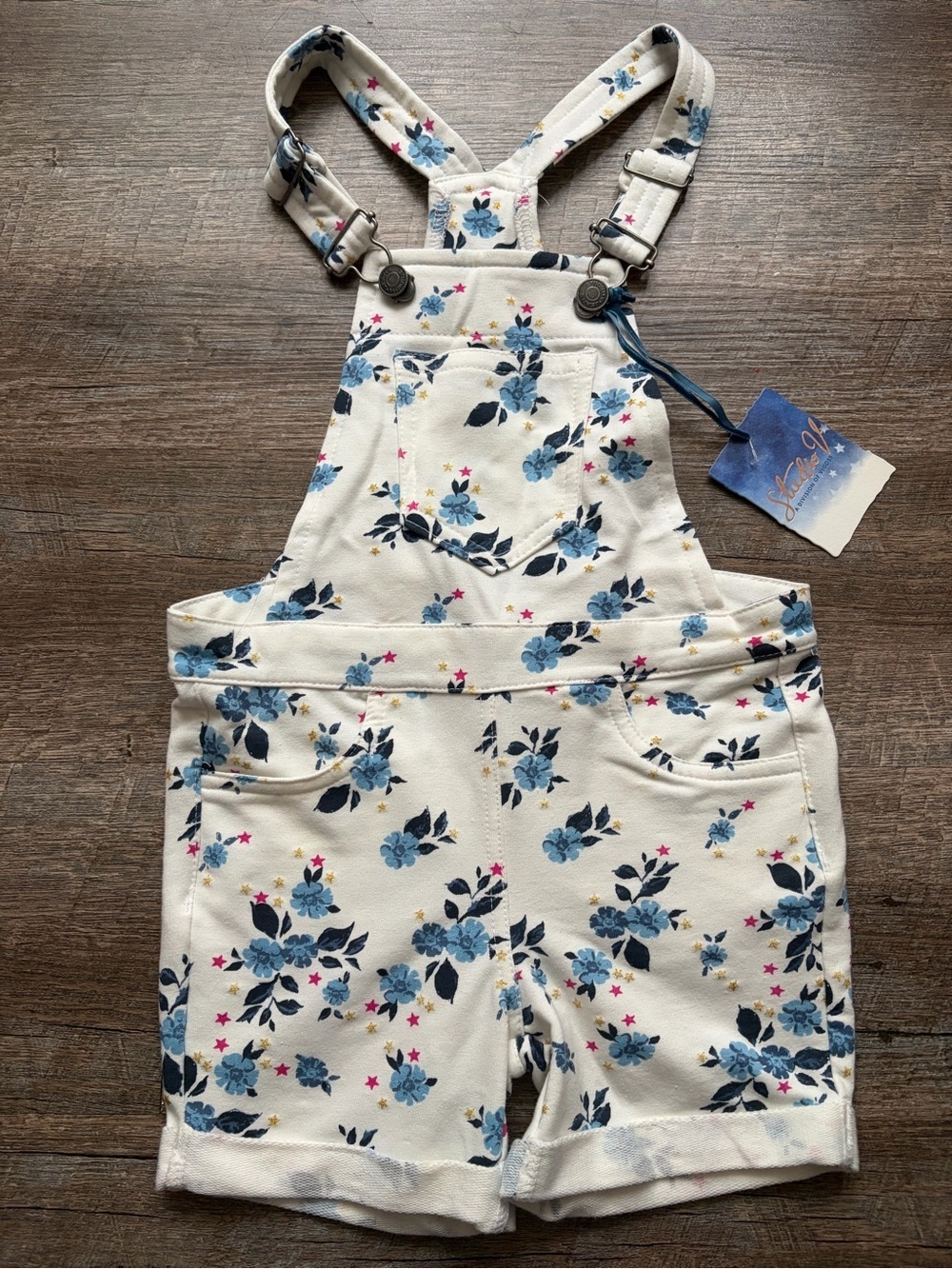Floral Denim Shortalls with Blue and Pink Accents